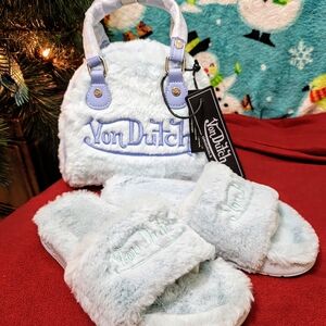 Von Dutch Light Blue Furry Bag and Slides
